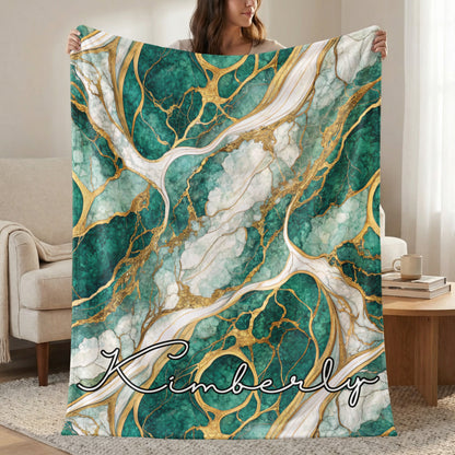 Teal Marble Design with Golden Veins Custom Name Blanket - Walk Greener