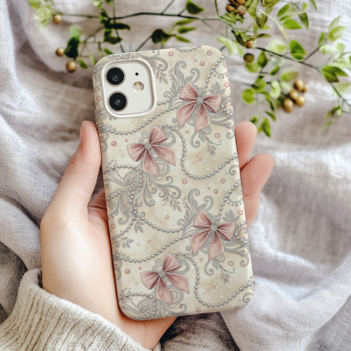 Elegant Pastel Bow and Pearl Design Phone Case