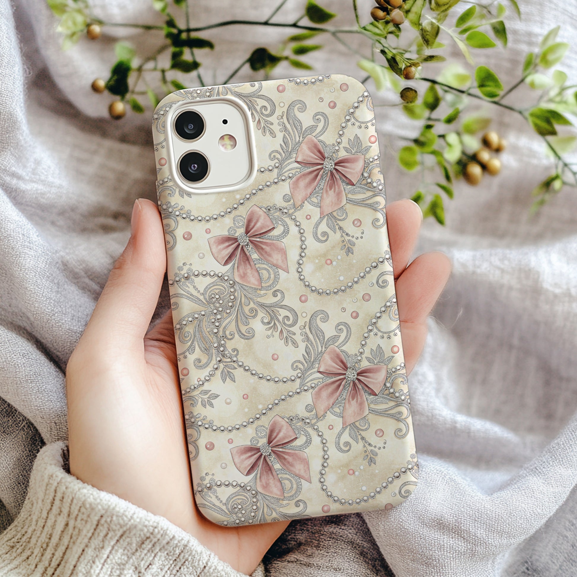 Elegant Pastel Bow and Pearl Design Phone Case