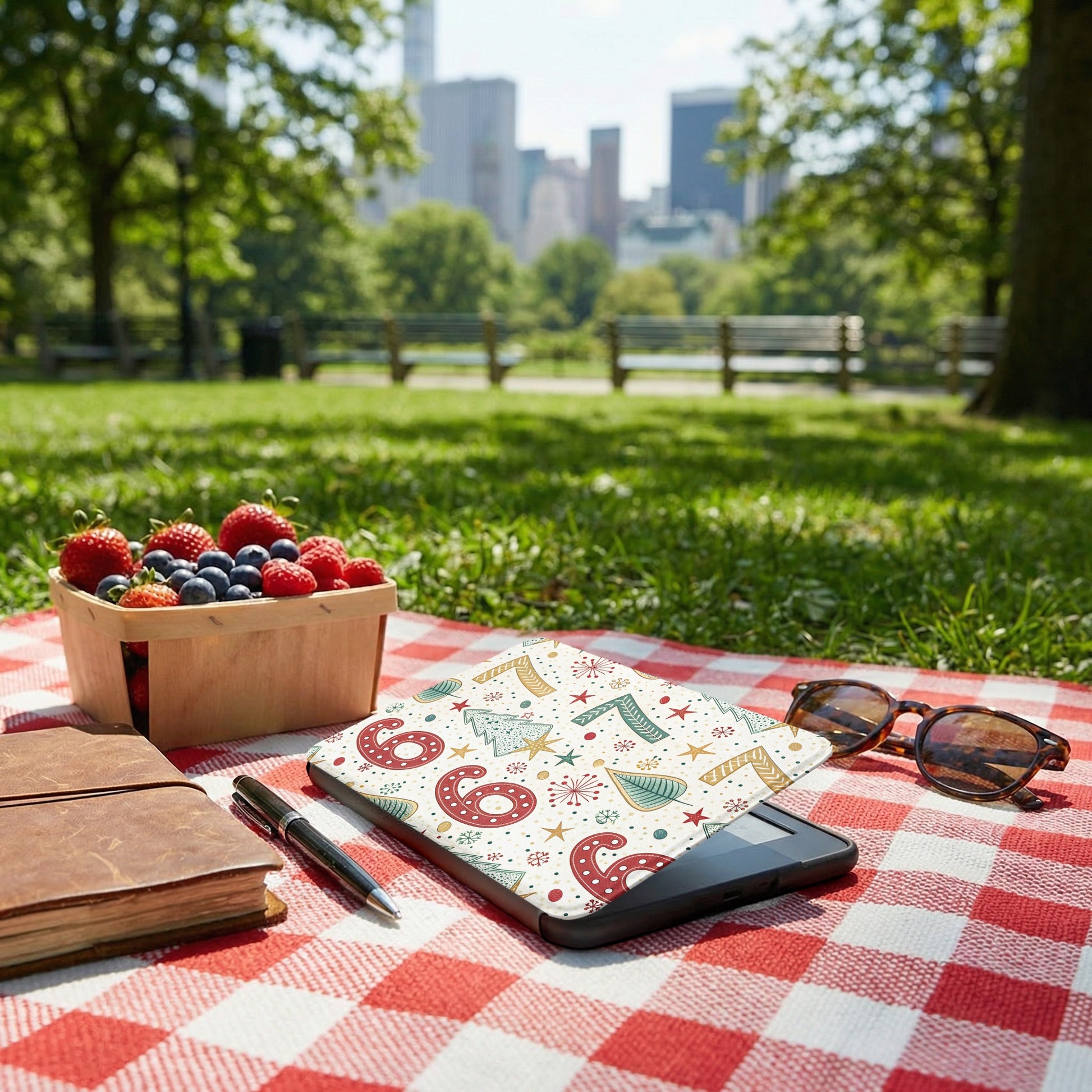 Vibrant Picnic Tabletop Setup with Berry Basket and Journal
