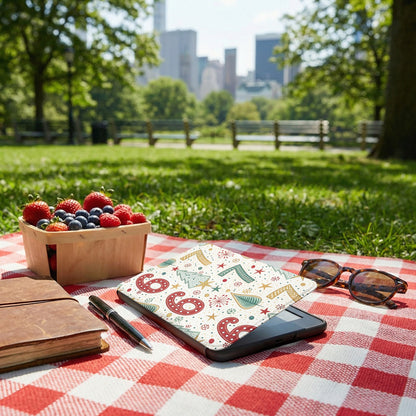 Vibrant Picnic Tabletop Setup with Berry Basket and Journal