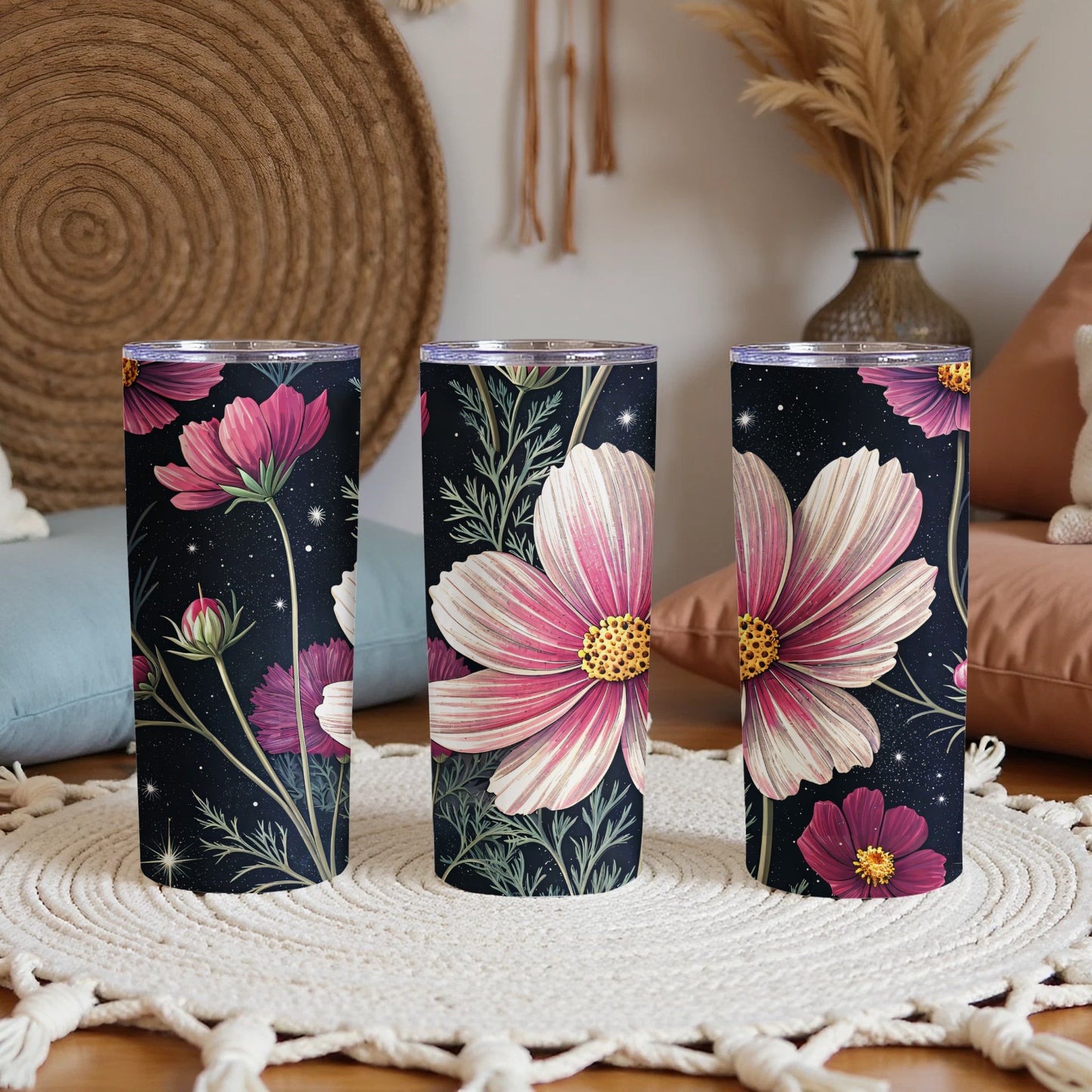 Elegant Cosmos Floral Pattern Design on Dark Backdrop Tumblers - Walk Greener