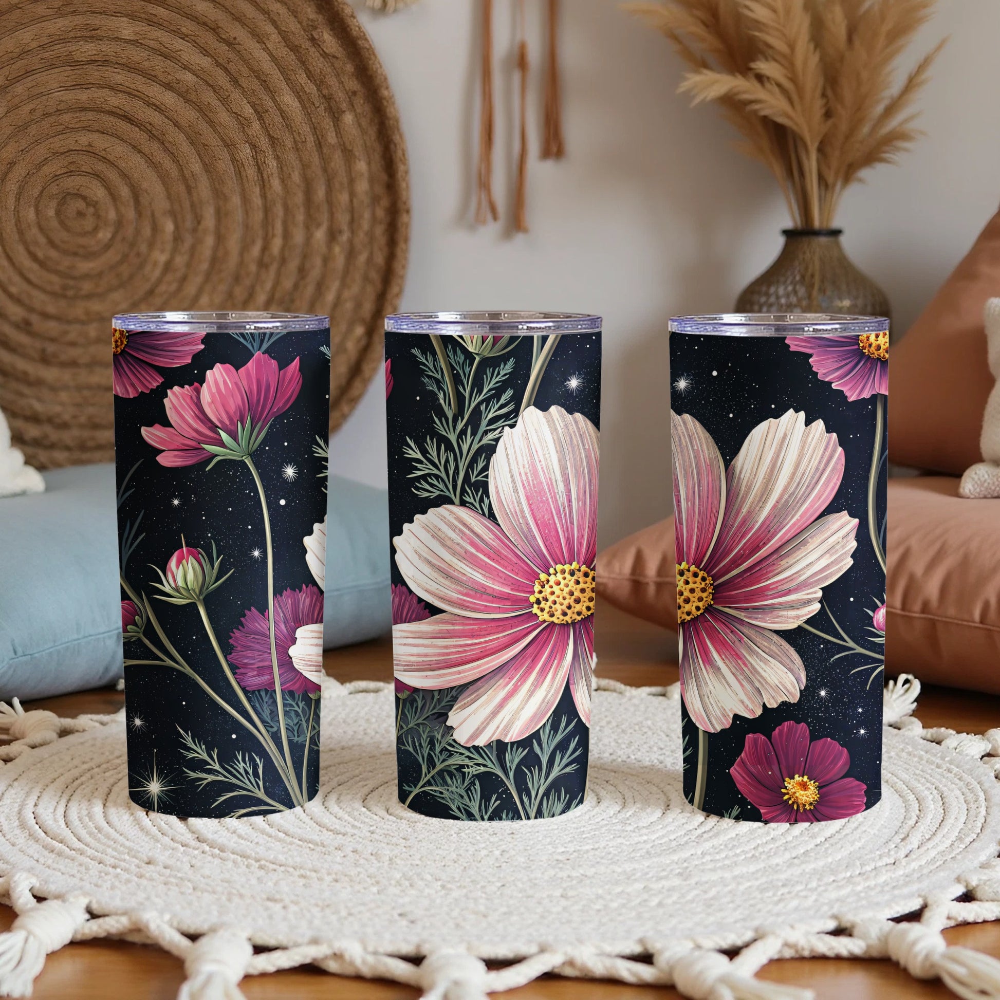 Elegant Cosmos Floral Pattern Design on Dark Backdrop Tumblers - Walk Greener