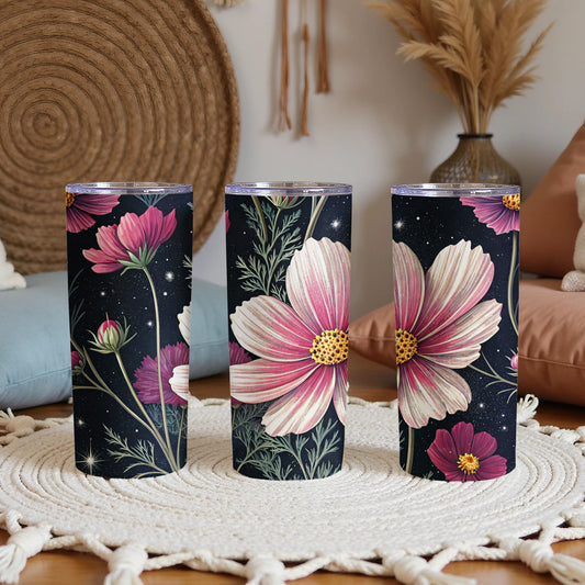 Elegant Cosmos Floral Pattern Design on Dark Backdrop Tumblers - Walk Greener