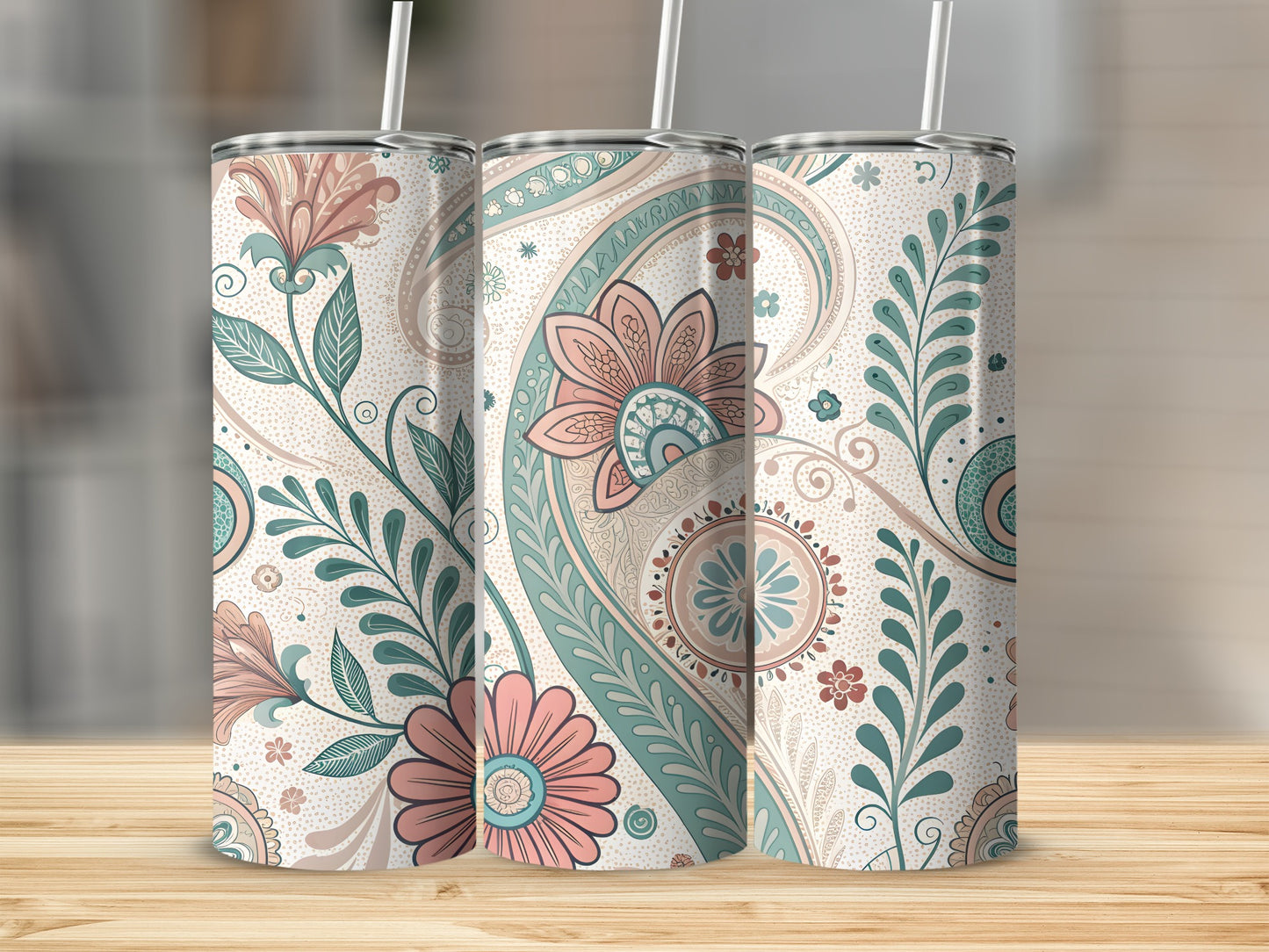 Vibrant Floral Paisley Design Tumblers with Lids and Straws