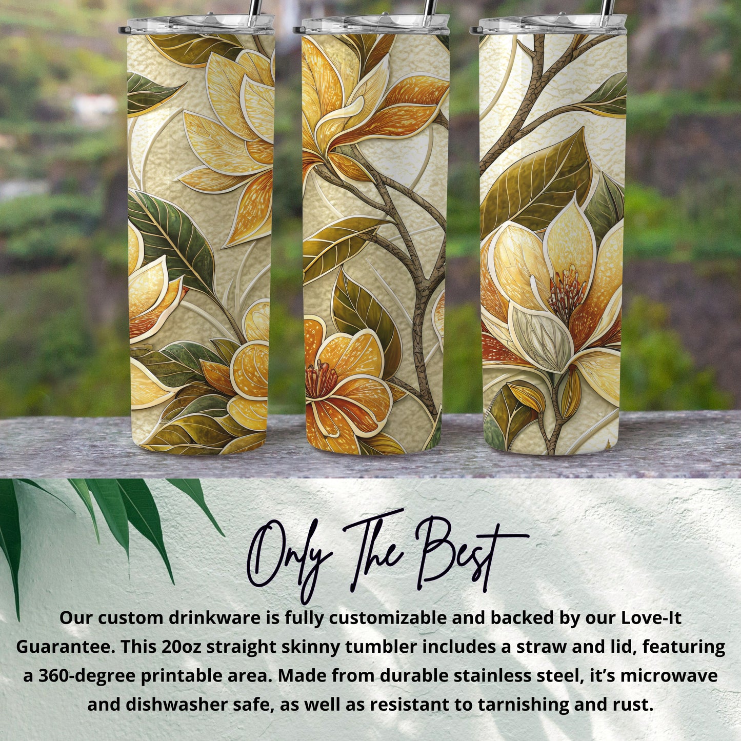 Golden Floral Bloom Delightful Botanical Decor 20 oz Skinny Tumbler - Walk Greener