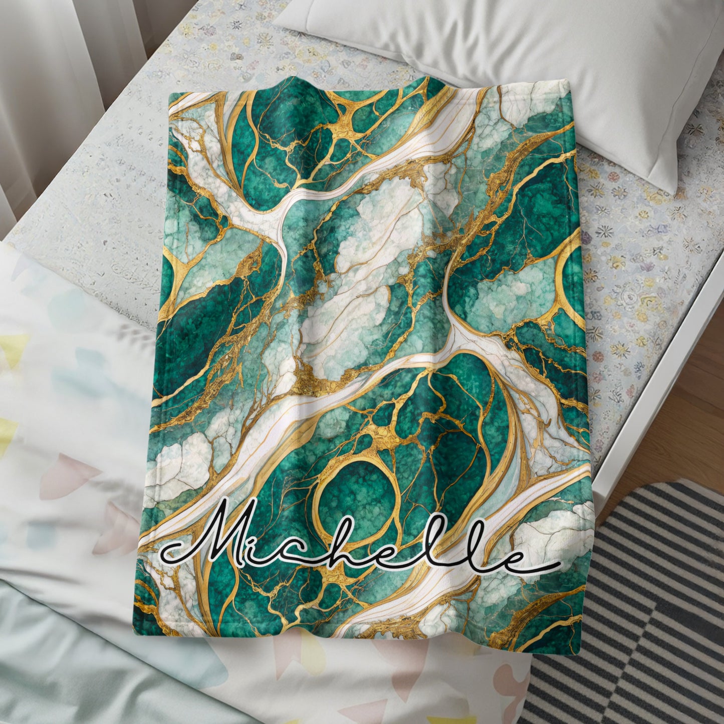 Teal Marble Design with Golden Veins Custom Name Blanket - Walk Greener