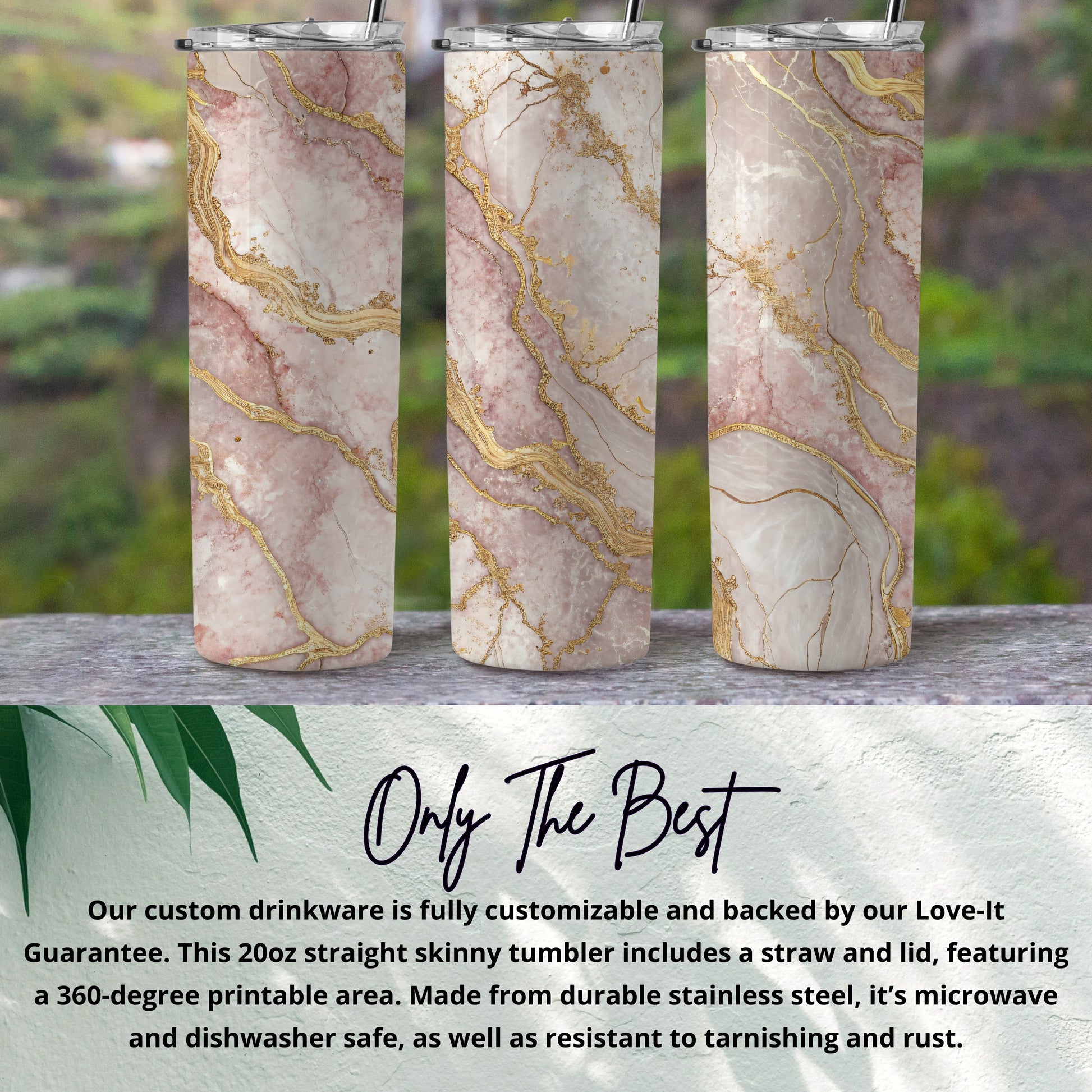 Elegant Gold Veined Pink Marble Tumbler with Lid and Straw