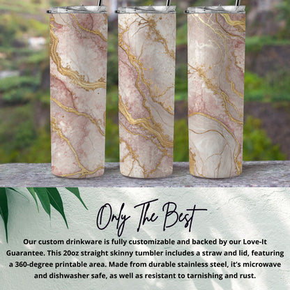 Elegant Gold Veined Pink Marble Tumbler with Lid and Straw