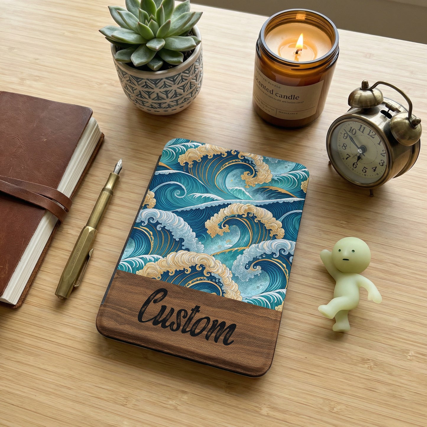 Custom Waves Patterned Journal with Wood Accent