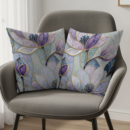 Blue Purple Floral Stained Glass Style Pattern Throw Pillows - Walk Greener