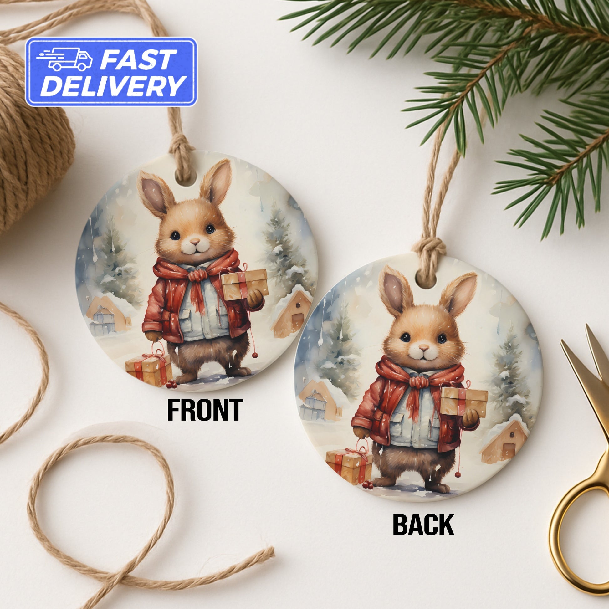 Cute Bunny Christmas Ornament Double Sided Product