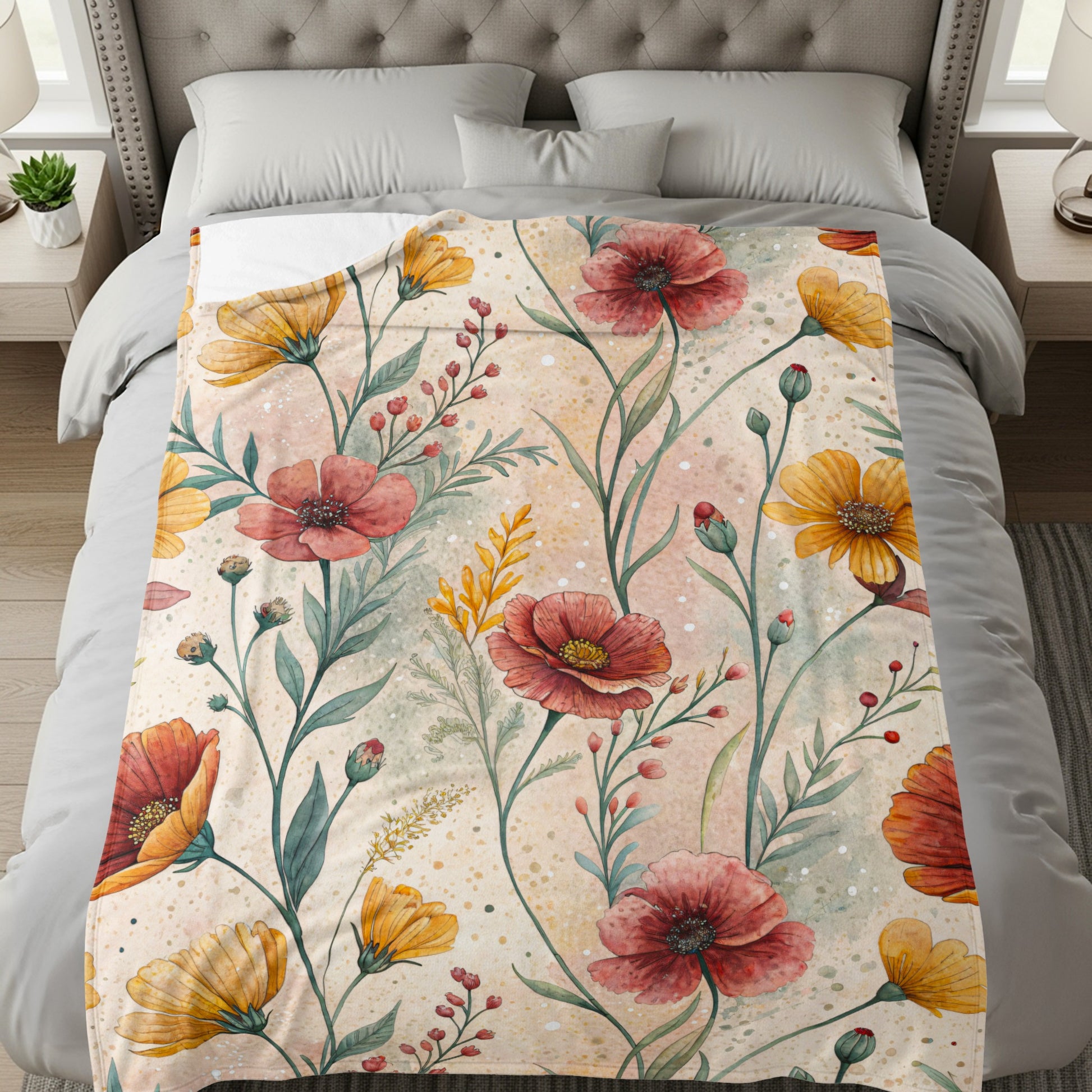 Watercolor Floral Pattern Design Red And Yellow Flowers Velveteen Plush Blankets - Walk Greener