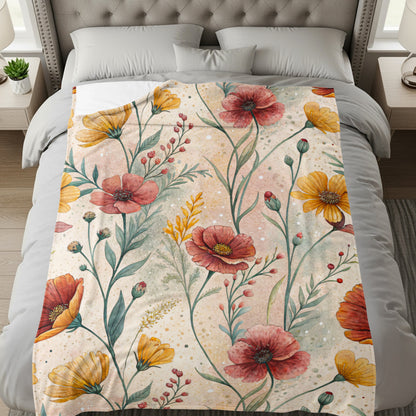 Watercolor Floral Pattern Design Red And Yellow Flowers Velveteen Plush Blankets - Walk Greener