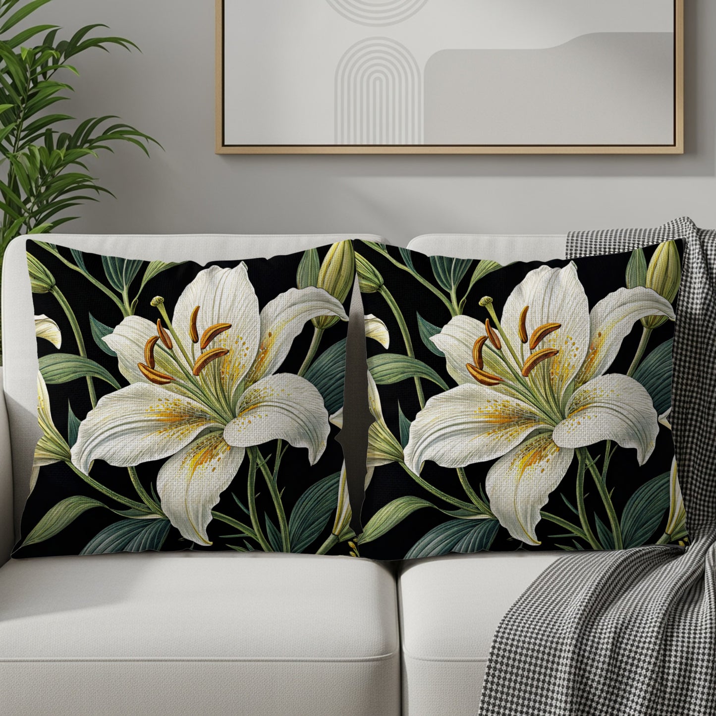Elegant White Lily Floral Throw Pillow Set for Home Decor