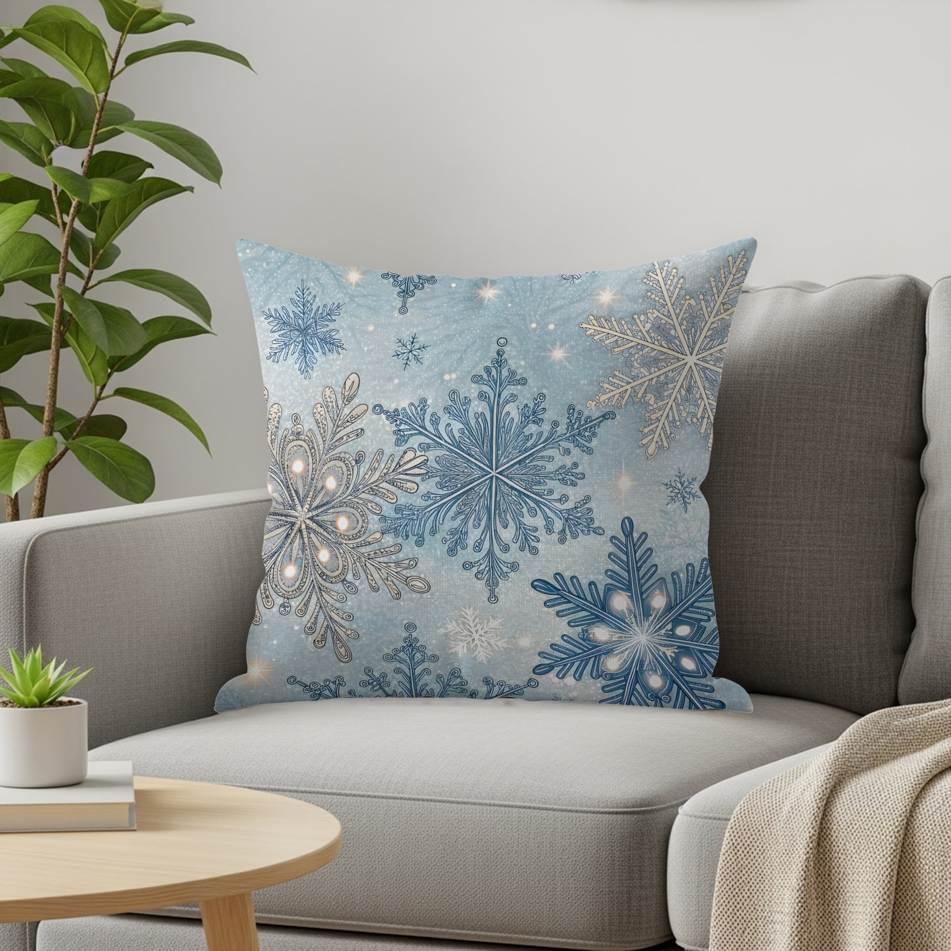 Blue and Silver Snowflake Pattern Throw Pillow
