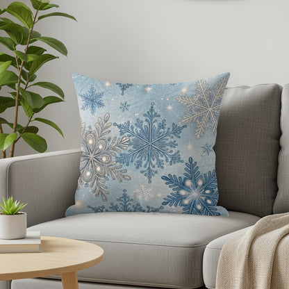 Blue and Silver Snowflake Pattern Throw Pillow