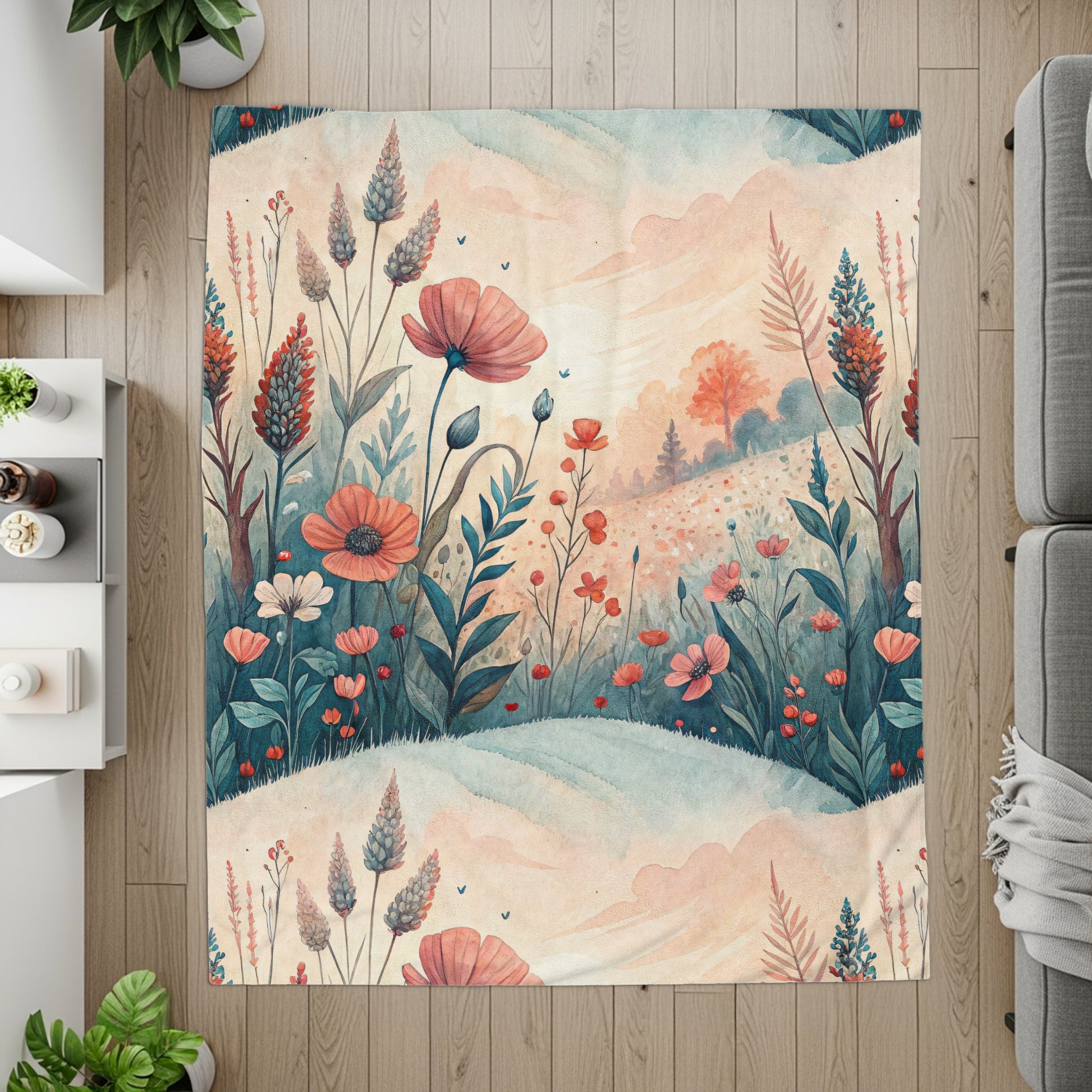 Floral Meadow in Watercolor Style Art Print Velveteen Plush Blankets - Walk Greener