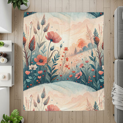 Floral Meadow in Watercolor Style Art Print Velveteen Plush Blankets - Walk Greener