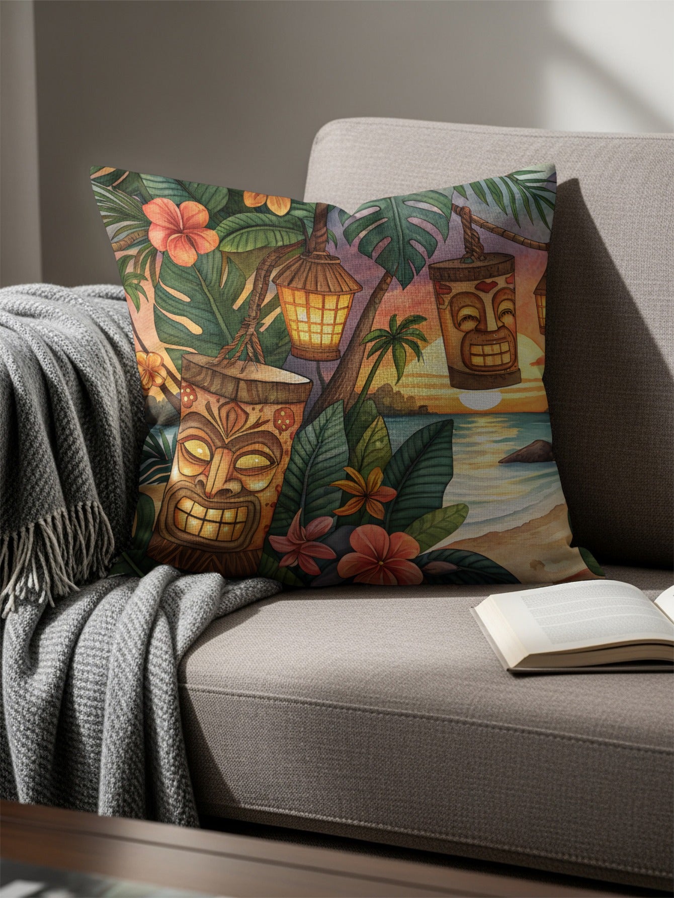 Tropical Tiki Sunset Design Throw Pillow for Home Decor