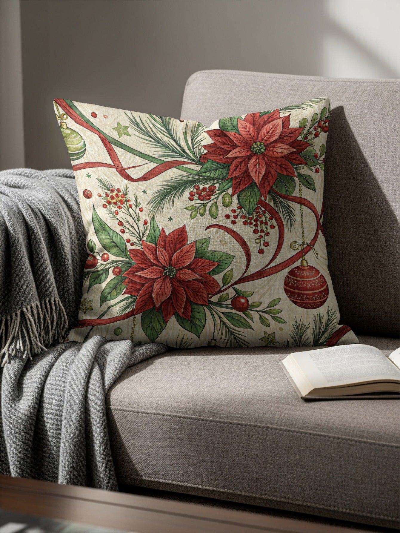 Festive Poinsettia Christmas Themed Decorative Pillow