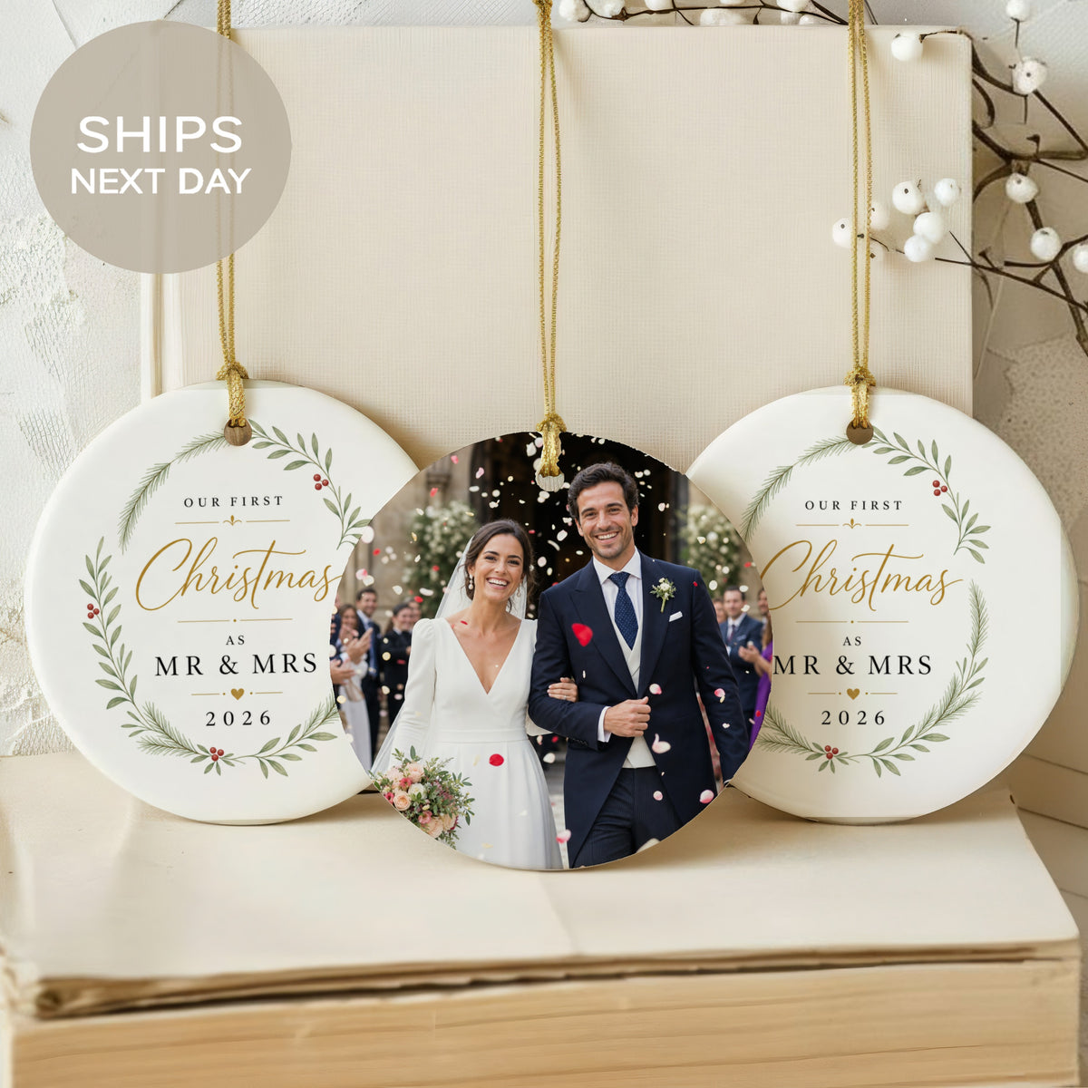 Wedding ornament with personalized text "Our First Christmas as Mr & Mrs 2026."