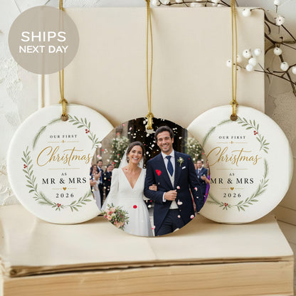 Wedding ornament with personalized text "Our First Christmas as Mr & Mrs 2026."