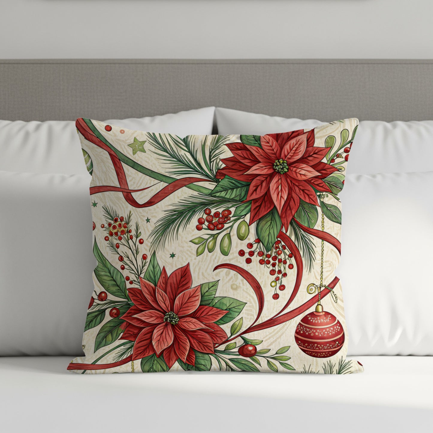 Festive Holiday Poinsettia and Pine Cushion Cover