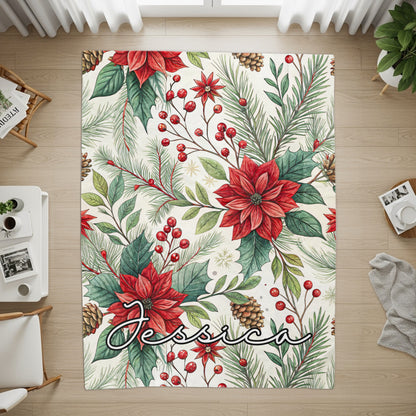 Personalized Christmas Poinsettia and Pinecones Rug