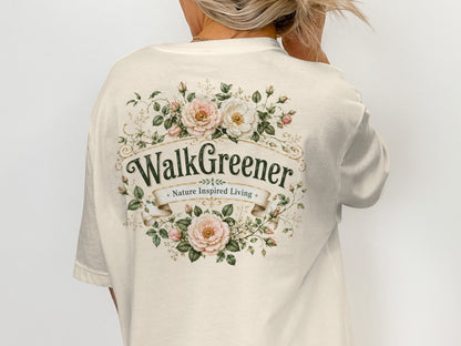 Cream t-shirt with "WalkGreener Nature Inspired Living" text and floral wreath design.