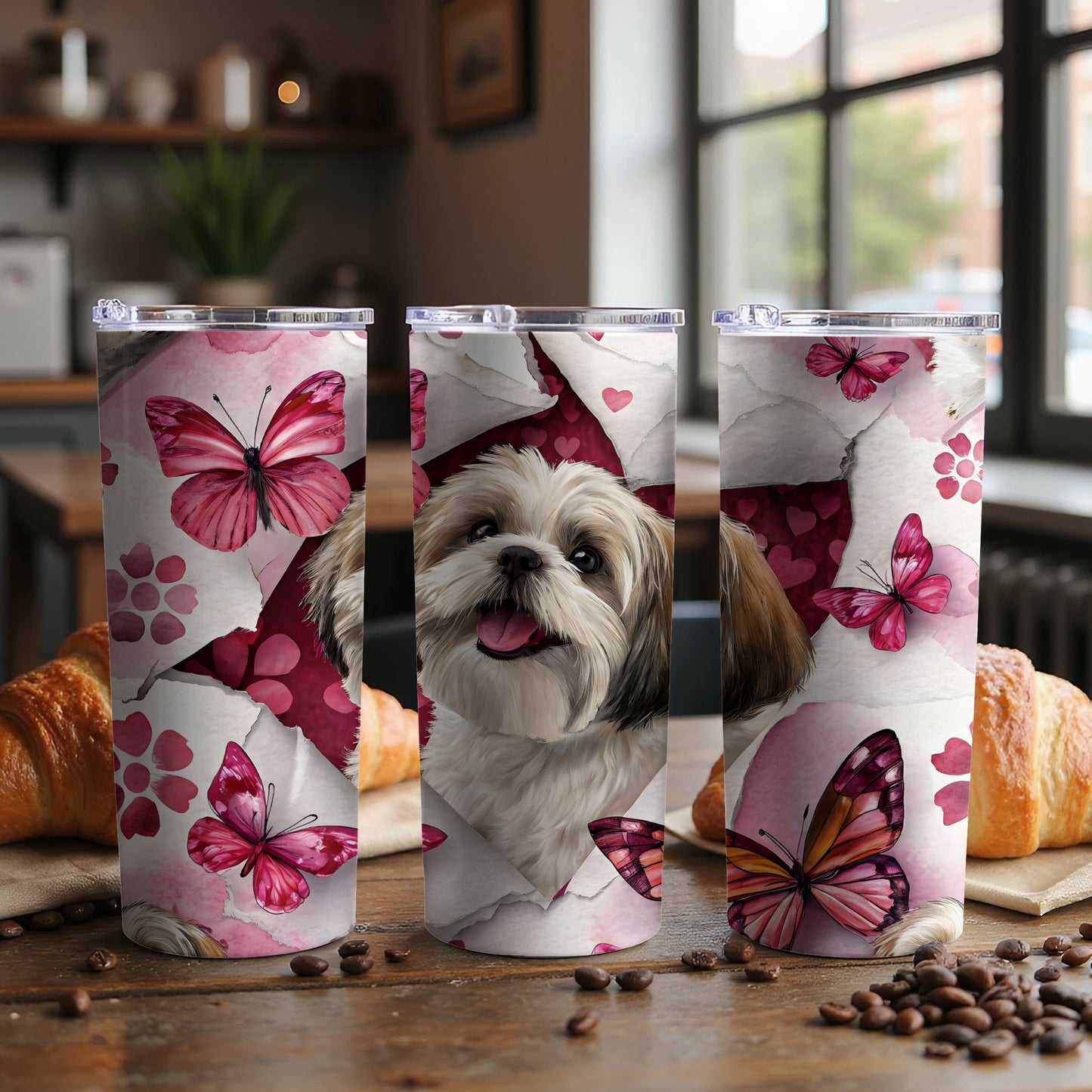 Cute Dog and Pink Butterflies Design Tumbler