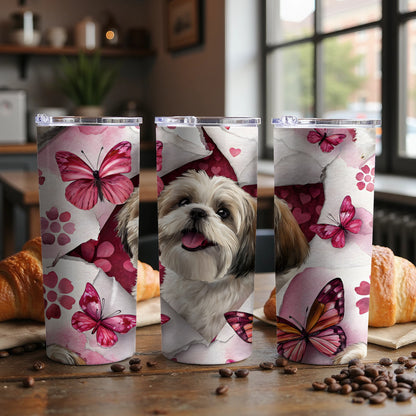 Cute Dog and Pink Butterflies Design Tumbler