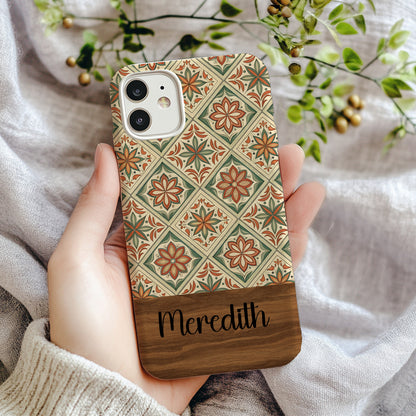 Floral Tile Pattern Orange And Green Flowers With Custom Phone Case - Walk Greener
