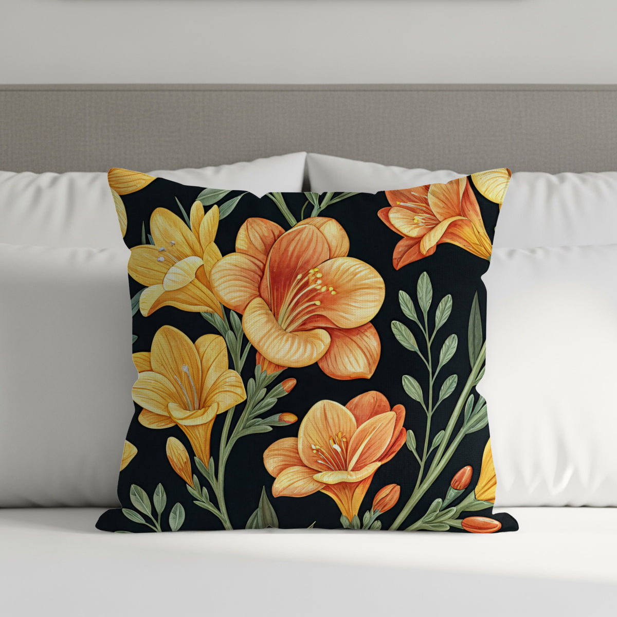 Yellow Orange Floral Pattern Dark Background Decorative Floral Throw Pillows - Walk Greener
