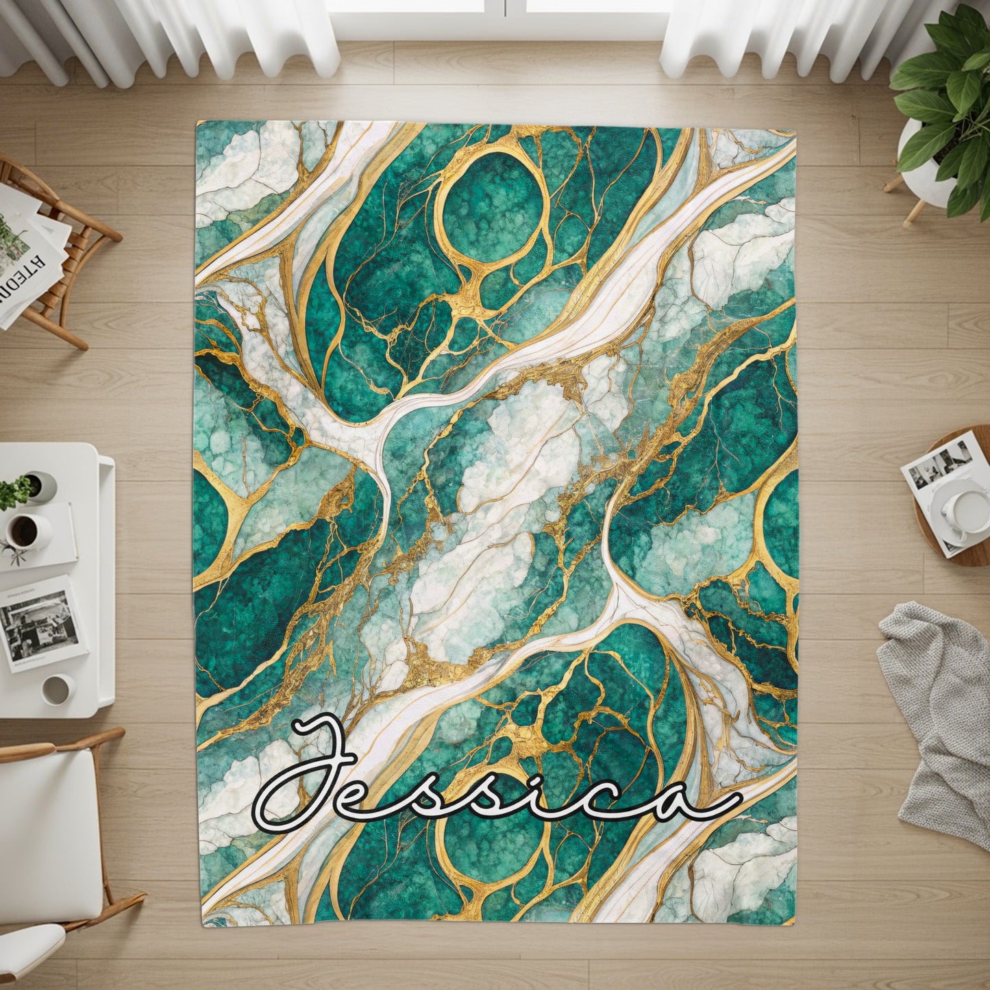 Teal Marble Design with Golden Veins Custom Name Blanket - Walk Greener