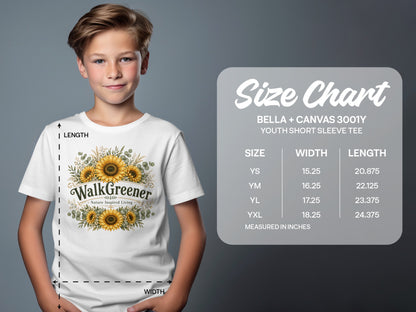 Boy wearing white t-shirt with sunflowers and "Walk Greener" text; size chart listed.