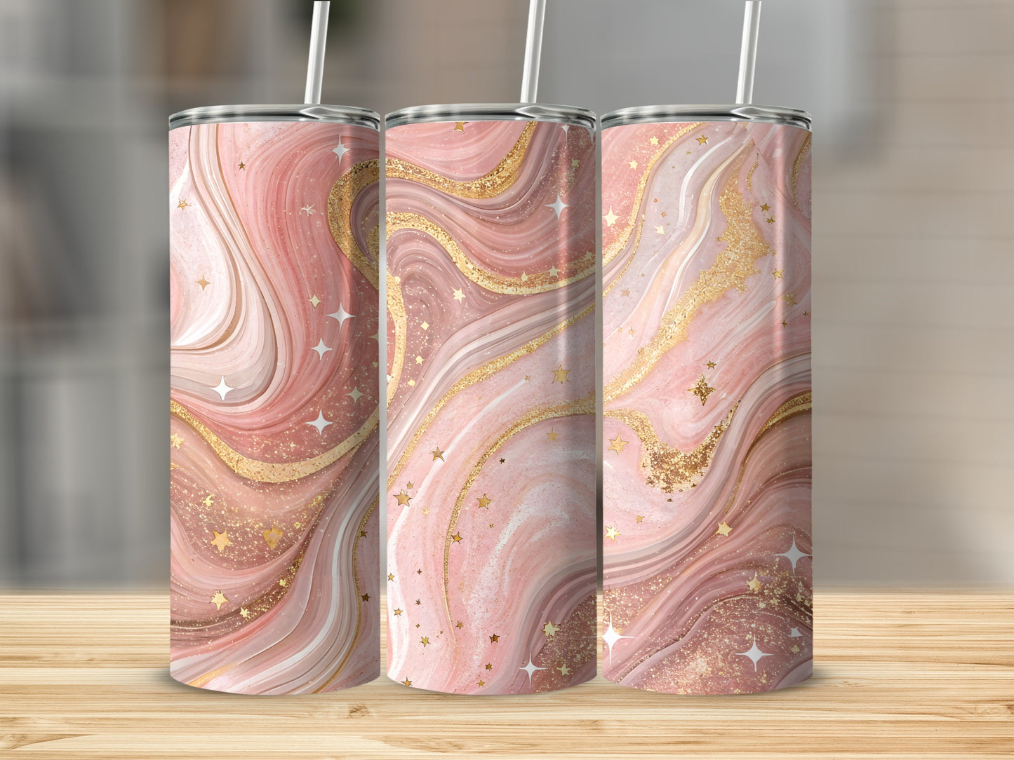 Pink and Gold Marbled Star Design Tumbler Set