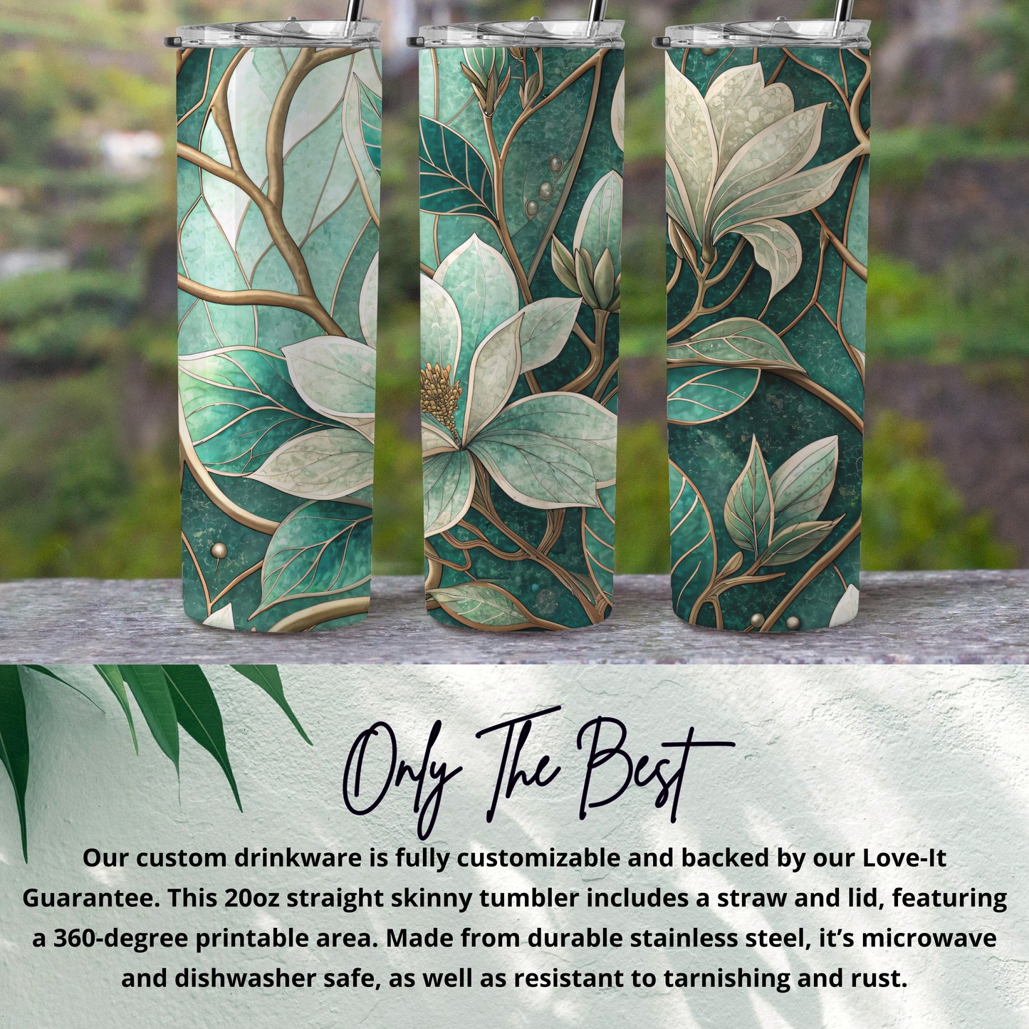 Floral Fantasy With Emerald Leaves and Ivory Flowers 20 oz Skinny Tumbler - Walk Greener