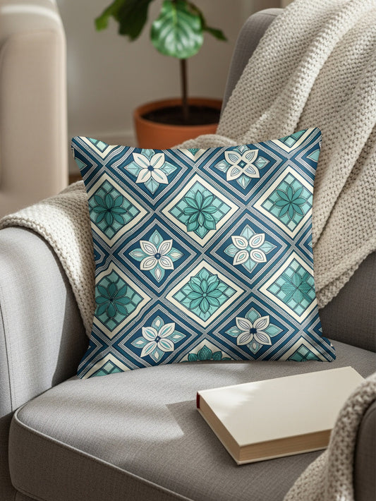 Geometric Blue and White Floral Pattern Cushion