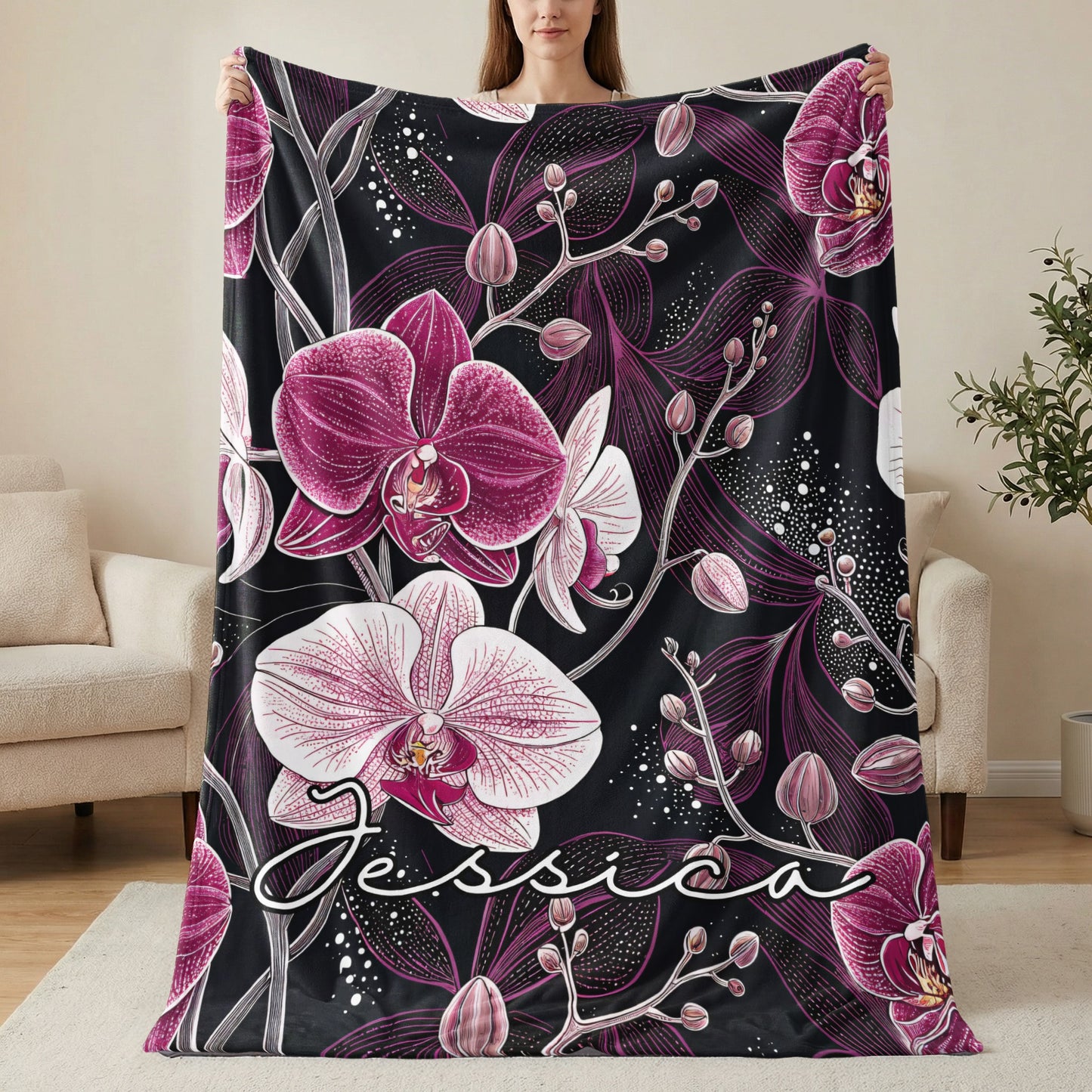 Personalized Jessica Orchid Design Cozy Blanket