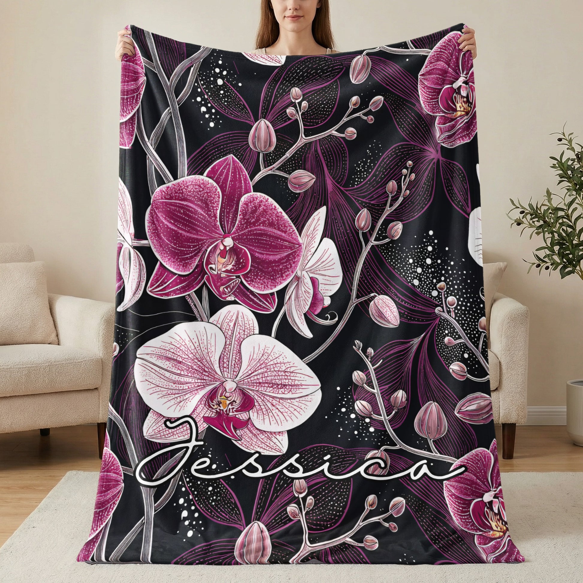 Personalized Jessica Orchid Design Cozy Blanket