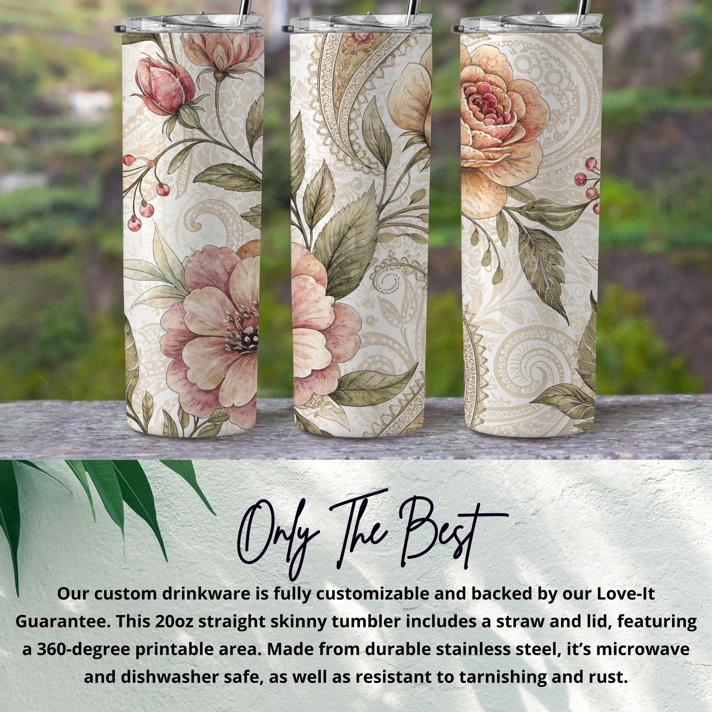 Elegant Floral Artwork Design for 20 oz Skinny Tumbler - Walk Greener