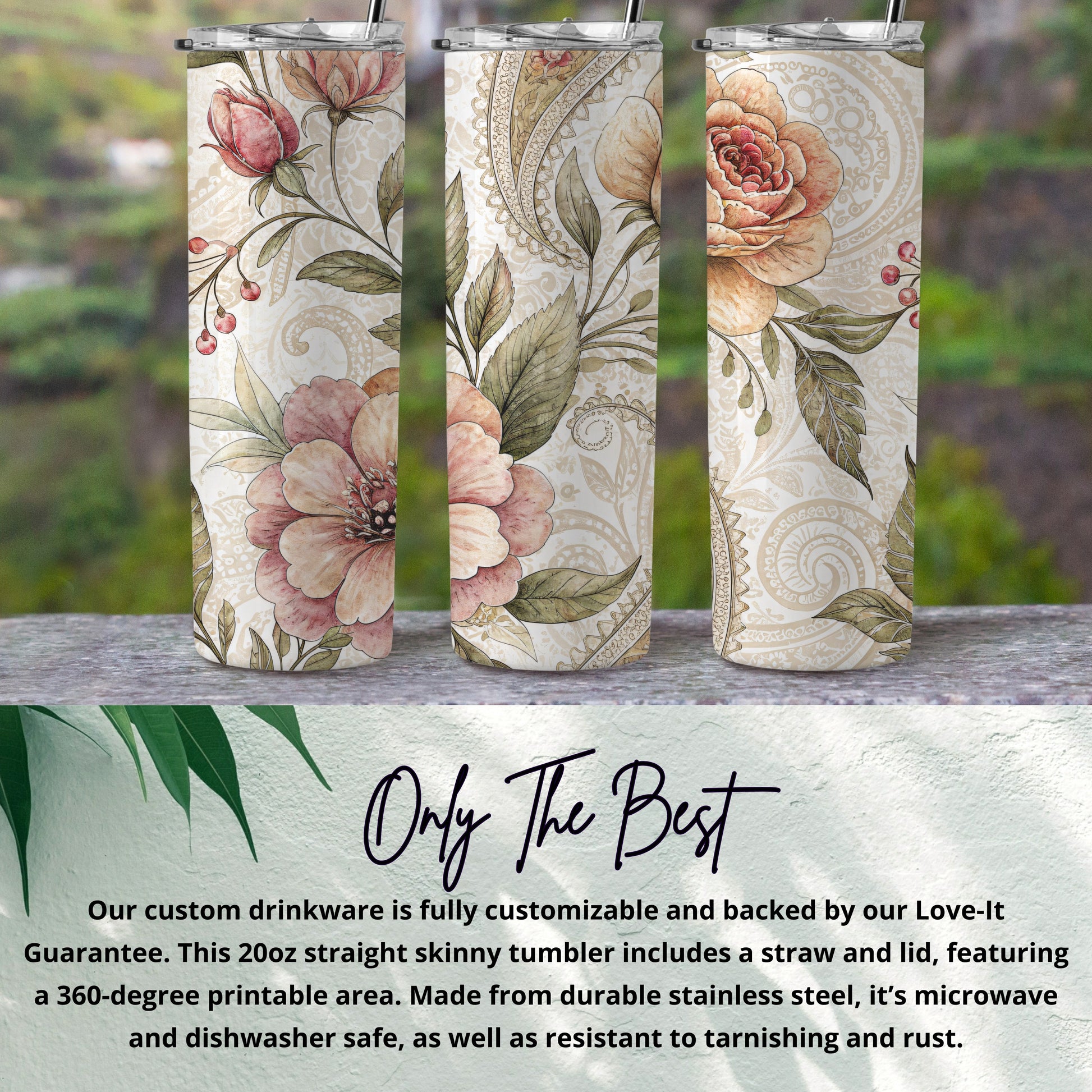 Elegant Floral Artwork Design for 20 oz Skinny Tumbler - Walk Greener