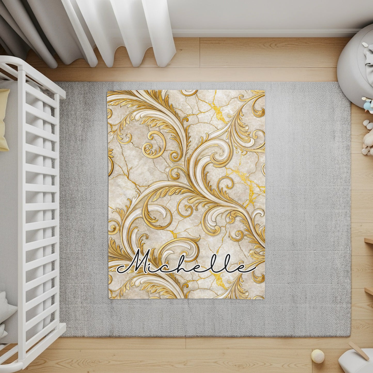 Ornate Gold and White Persian Styled Michelle Rug