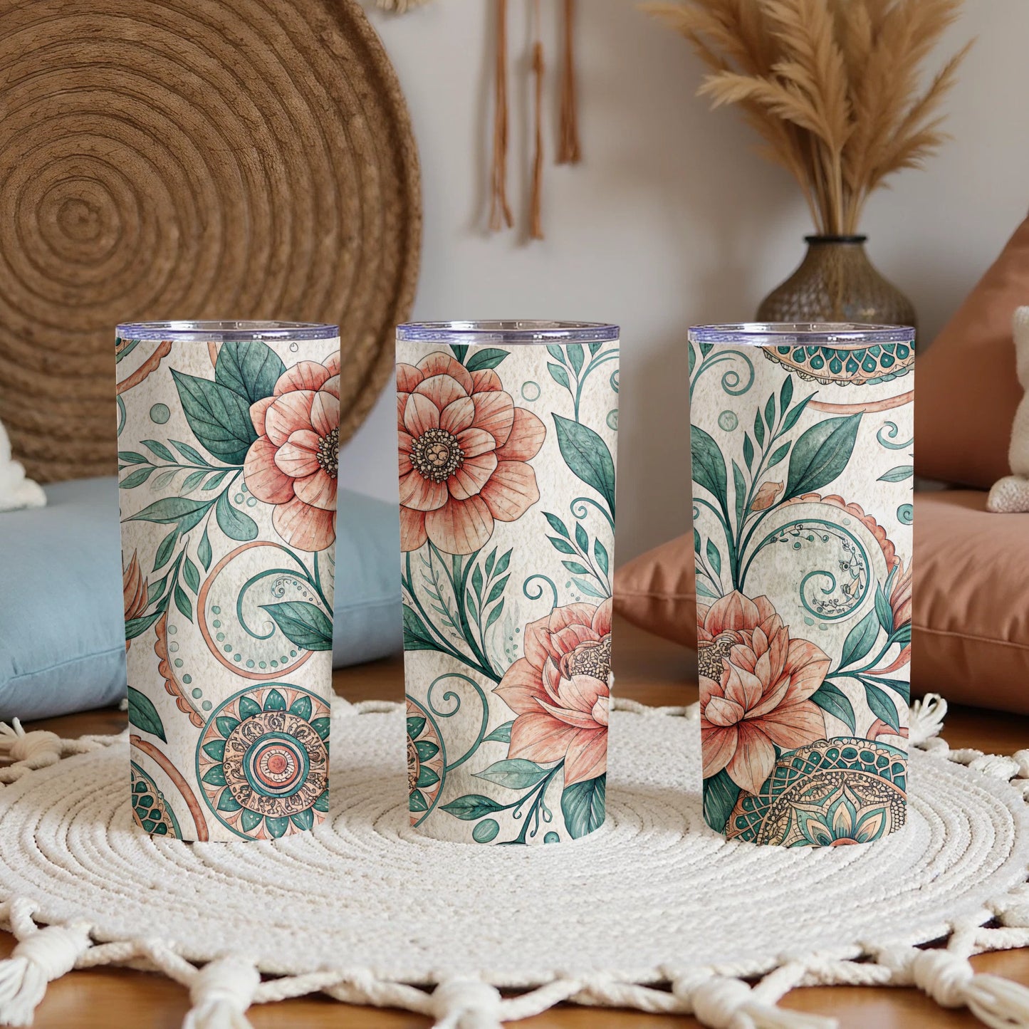 Floral Delight Bohemian Styled 20 oz Skinny Tumbler - Walk Greener