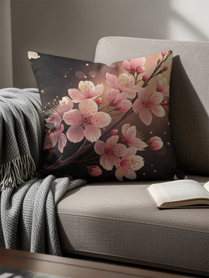 Pink Floral Blossoms Against Dark Backdrop Decorative Floral Throw Pillows - Walk Greener