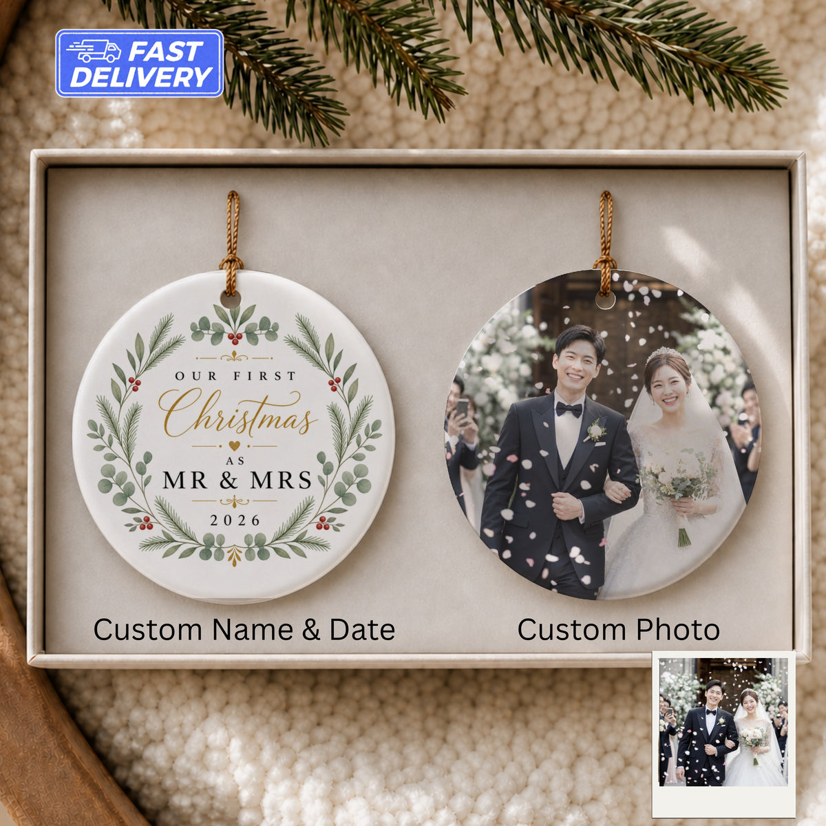 Personalized "Our First Christmas as Mr & Mrs" ornament with custom photo.