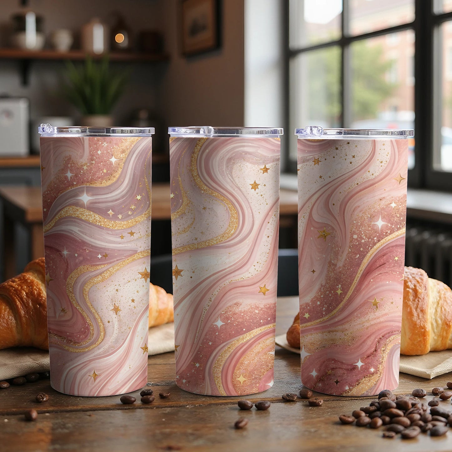 Elegant Pink and Gold Swirl Design Travel Tumbler