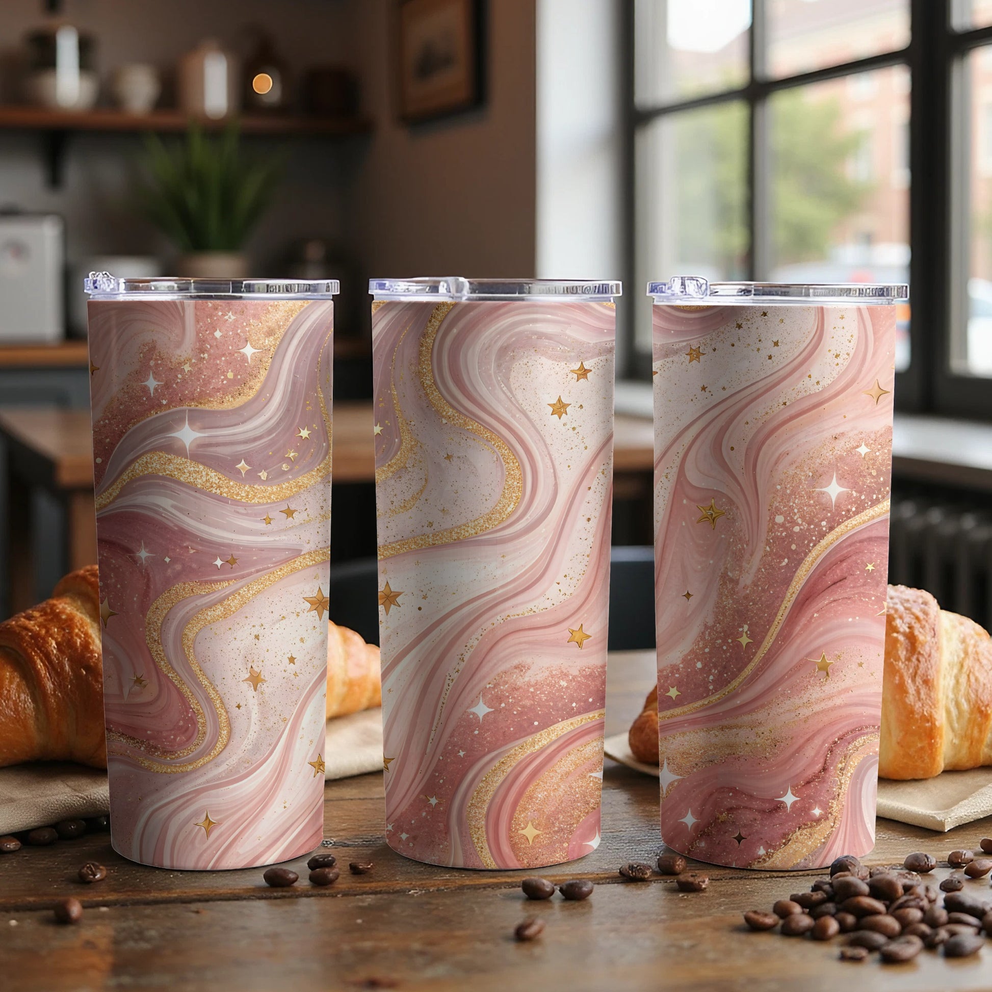 Elegant Pink and Gold Swirl Design Travel Tumbler