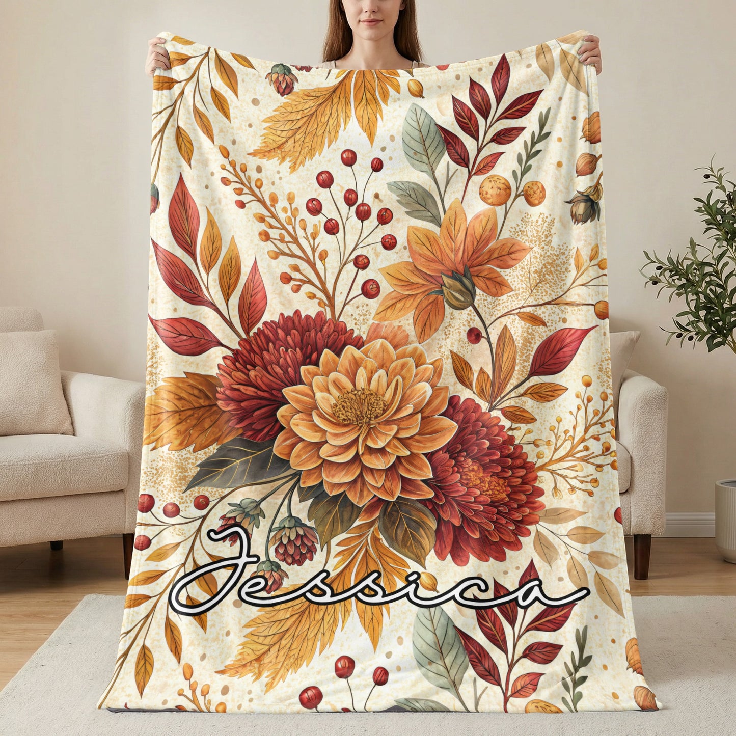 Autumn Floral Personalized Jessica Blanket Gift